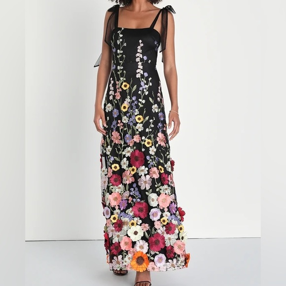 Lulus Dresses & Skirts - Lulus Thriving Poise Black 3D Floral Embroidered Tie-Strap Maxi Dress